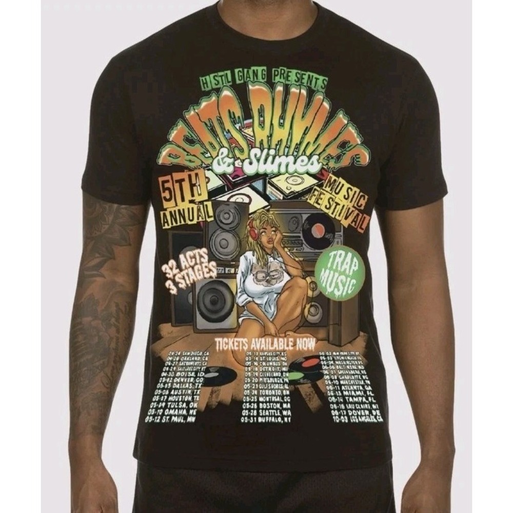 Hustle Gang T-Shirts Sz‎ M Unisex Beats Rhymes Slimes Music Festival Tee Concert